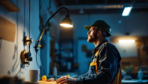 A photograph of a gooseneck fixture installed in a well-lit workspace