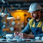 A photograph of a lighting contractor examining various light plugs and alternative lighting options in a well-lit workspace
