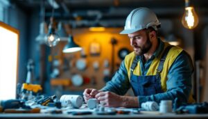 A photograph of a lighting contractor examining various light plugs and alternative lighting options in a well-lit workspace