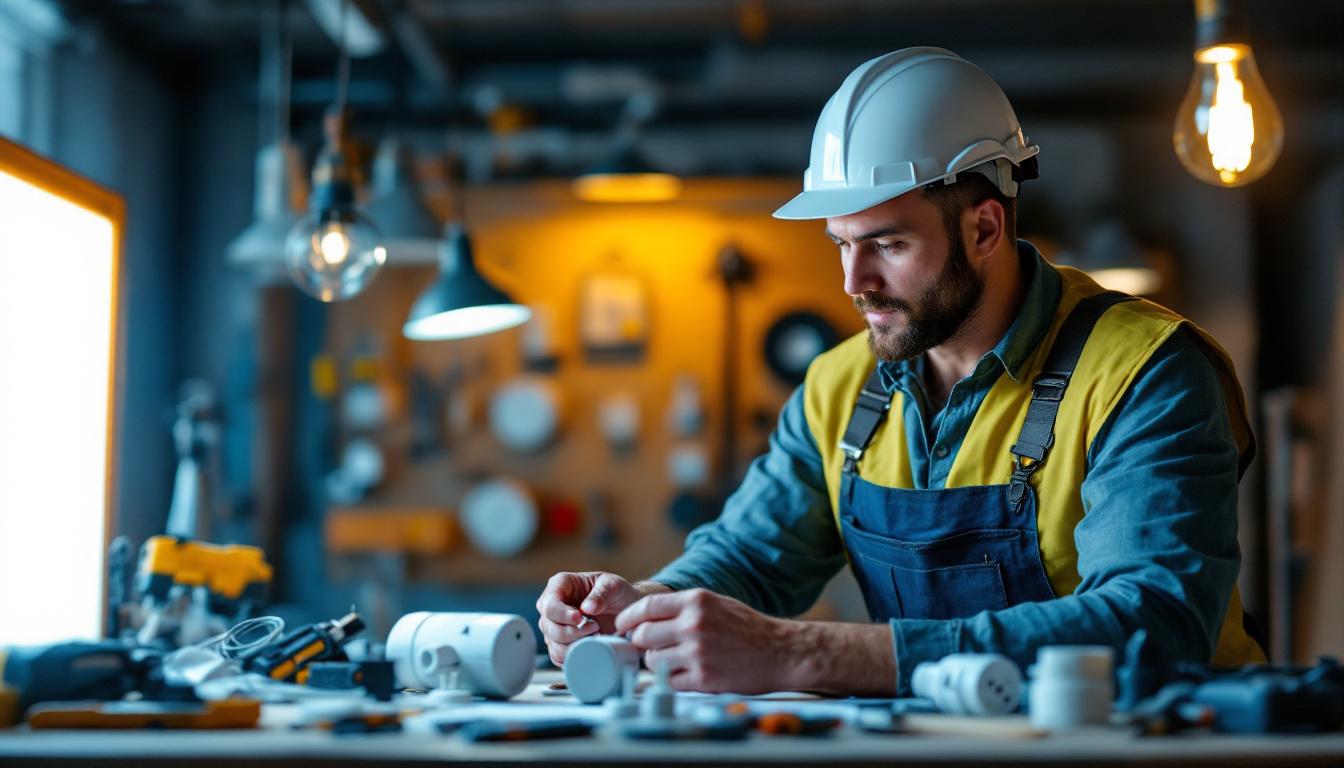 A photograph of a lighting contractor examining various light plugs and alternative lighting options in a well-lit workspace