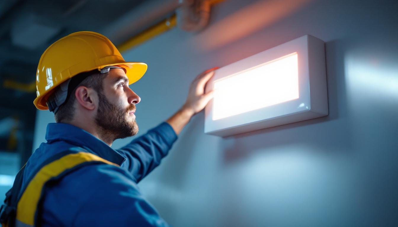 A photograph of a skilled lighting contractor installing modern electric exit signs in a commercial setting