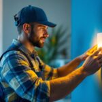 A photograph of a lighting contractor installing or adjusting a modern sensing light switch in a residential or commercial setting