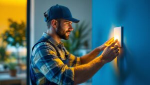 A photograph of a lighting contractor installing or adjusting a modern sensing light switch in a residential or commercial setting