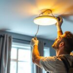 A photograph of a skilled lighting contractor installing a stylish ceiling light fixture
