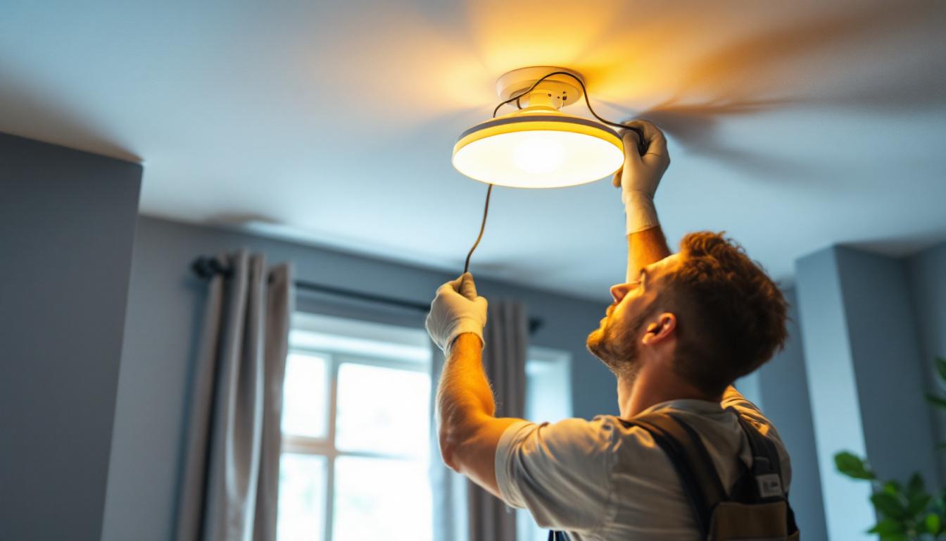 A photograph of a skilled lighting contractor installing a stylish ceiling light fixture