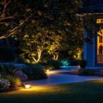 A photograph of a beautifully illuminated outdoor space at night