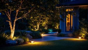 A photograph of a beautifully illuminated outdoor space at night