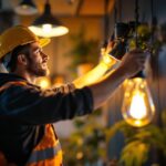 A photograph of a lighting contractor expertly adjusting various light fixtures in a well-lit space