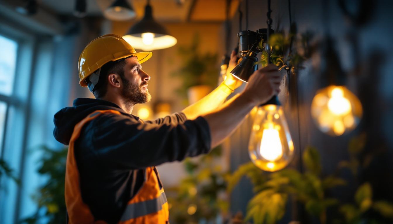 A photograph of a lighting contractor expertly adjusting various light fixtures in a well-lit space