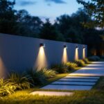 A photograph of a beautifully designed outdoor space featuring recessed garden wall lights illuminating a pathway or garden area at dusk