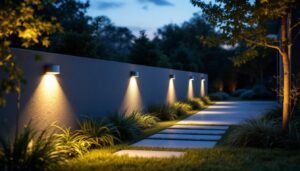 A photograph of a beautifully designed outdoor space featuring recessed garden wall lights illuminating a pathway or garden area at dusk