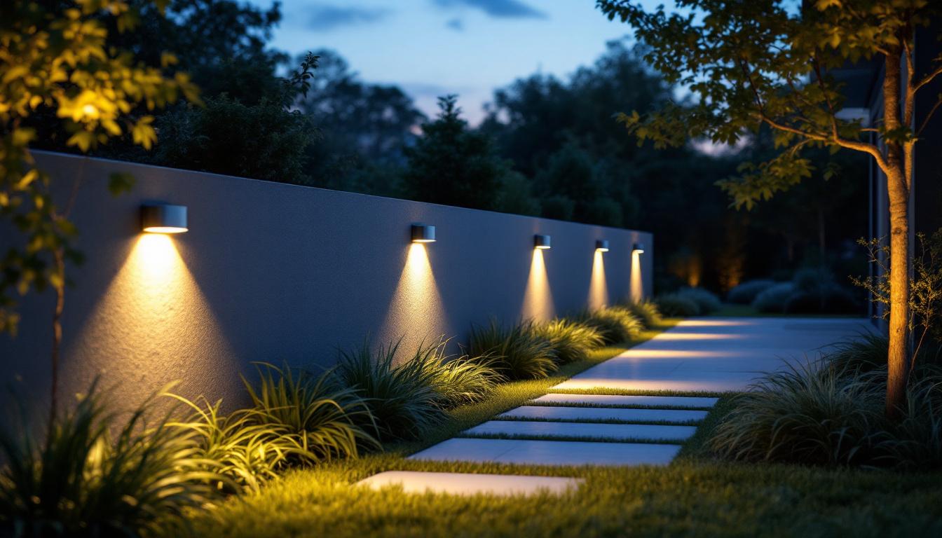 A photograph of a beautifully designed outdoor space featuring recessed garden wall lights illuminating a pathway or garden area at dusk