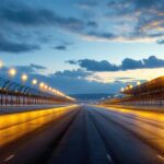 A photograph of a racetrack illuminated at dusk