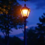 A photograph of a tall outdoor lamp post elegantly illuminated at dusk