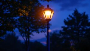 A photograph of a tall outdoor lamp post elegantly illuminated at dusk