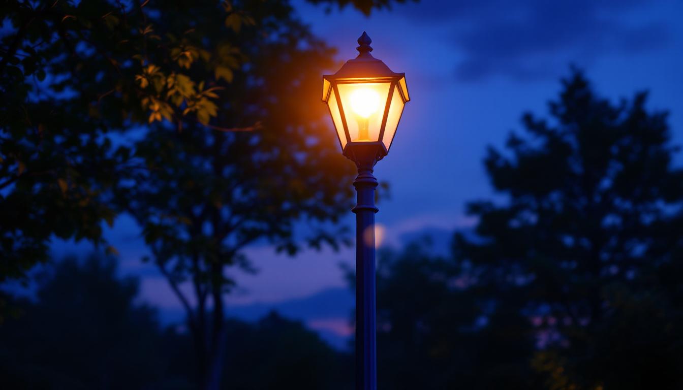 A photograph of a tall outdoor lamp post elegantly illuminated at dusk