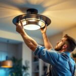 A photograph of a skilled lighting contractor installing a stylish custom ceiling light in a modern interior space