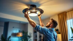 A photograph of a skilled lighting contractor installing a stylish custom ceiling light in a modern interior space