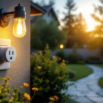A photograph of a weatherproof outdoor light socket extender installed in a beautifully landscaped outdoor setting