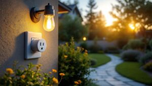 A photograph of a weatherproof outdoor light socket extender installed in a beautifully landscaped outdoor setting