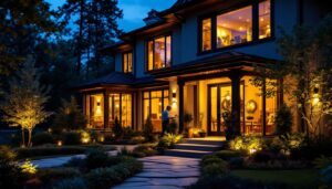 A photograph of a beautifully lit outdoor space featuring stylish black house lights