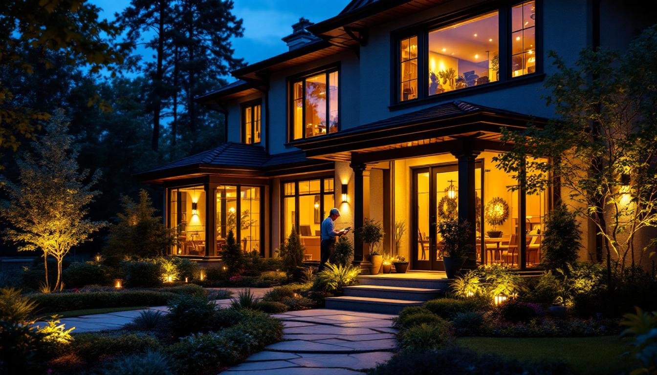 A photograph of a beautifully lit outdoor space featuring stylish black house lights