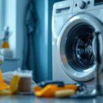 A photograph of a skilled lighting contractor installing or inspecting an electrical outlet specifically designed for a washing machine