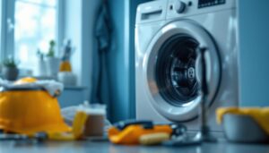 A photograph of a skilled lighting contractor installing or inspecting an electrical outlet specifically designed for a washing machine