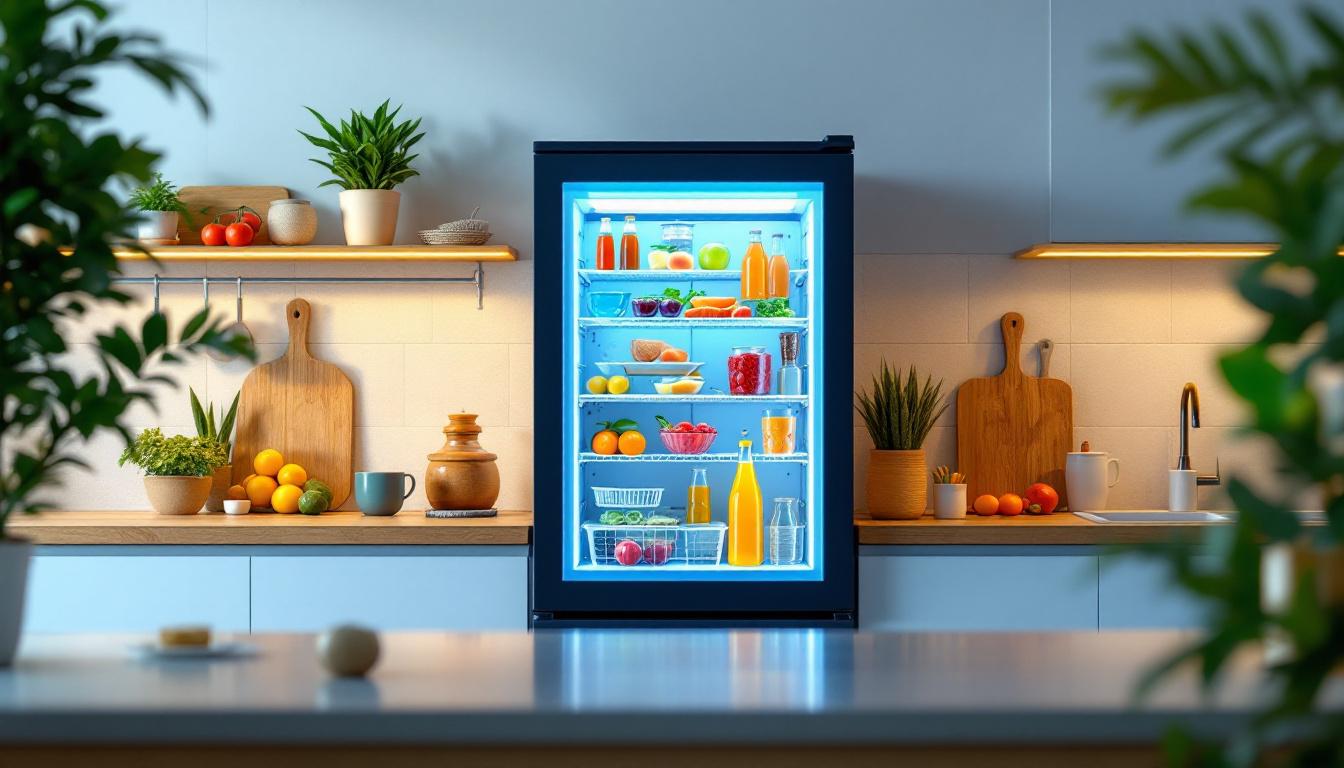 A photograph of a modern led cooler in a well-lit kitchen setting