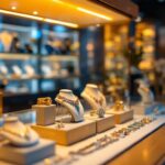 A photograph of a beautifully illuminated jewelry display case in a store
