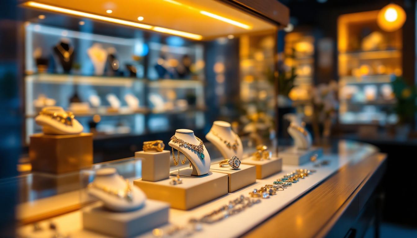 A photograph of a beautifully illuminated jewelry display case in a store
