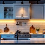 A photograph of a beautifully designed kitchen featuring track lighting installed under the cabinets