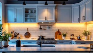 A photograph of a beautifully designed kitchen featuring track lighting installed under the cabinets