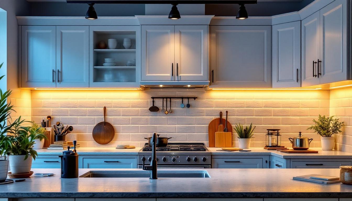 A photograph of a beautifully designed kitchen featuring track lighting installed under the cabinets