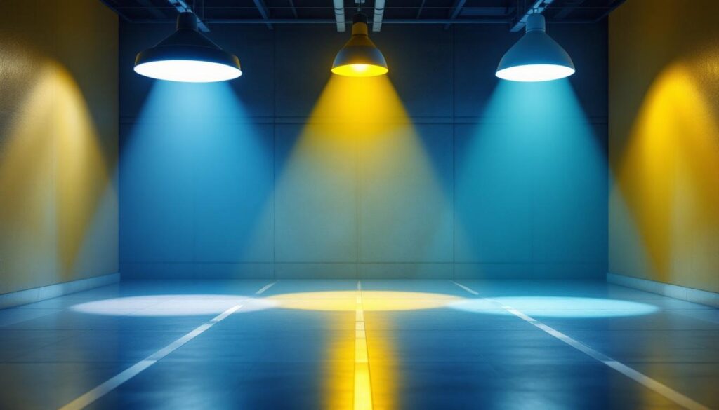 A photograph of a well-lit indoor or outdoor space featuring various clearance lighting fixtures in use