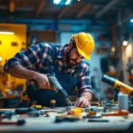 A photograph of a skilled electrician using a variety of power tools in a well-lit workspace