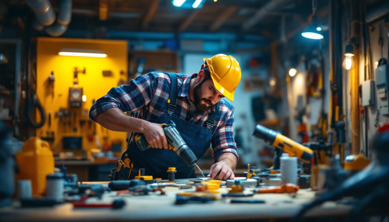A photograph of a skilled electrician using a variety of power tools in a well-lit workspace
