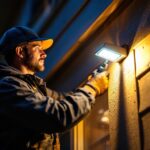 A photograph of a professional lighting contractor installing a bright