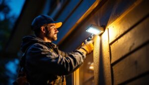 A photograph of a professional lighting contractor installing a bright