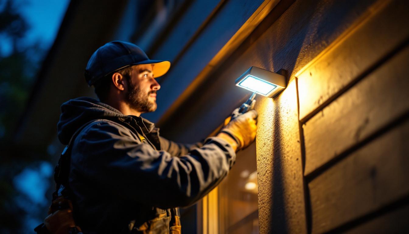 A photograph of a professional lighting contractor installing a bright