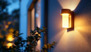 A photograph of a stylish outdoor wall light mounted on a home exterior
