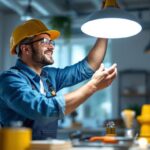 A photograph of a lighting contractor installing a 9w bulb in a modern fixture