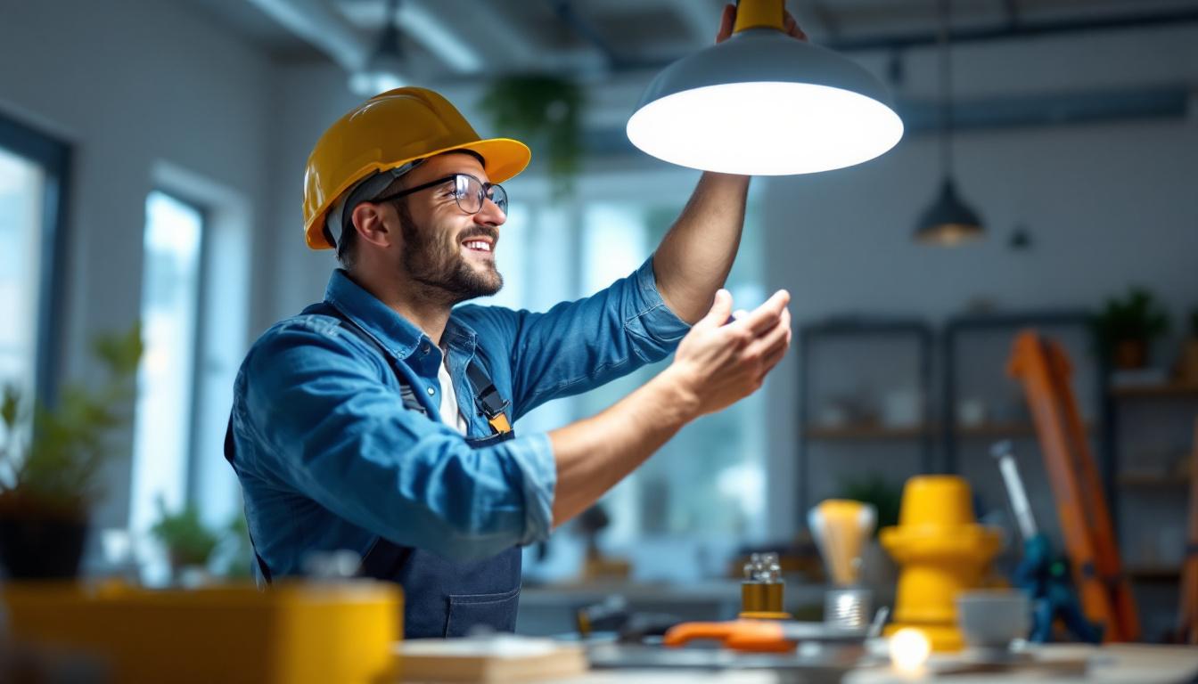 A photograph of a lighting contractor installing a 9w bulb in a modern fixture