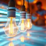 A photograph of a well-lit indoor tanning salon featuring a close-up of tanning bulbs in action