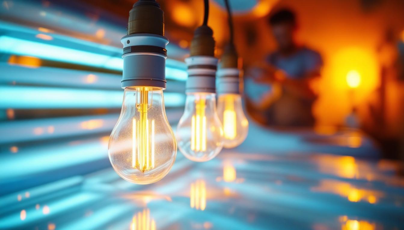 A photograph of a well-lit indoor tanning salon featuring a close-up of tanning bulbs in action