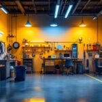 A photograph of a well-lit garage showcasing a variety of energy-efficient lighting options
