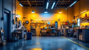 A photograph of a well-lit garage showcasing a variety of energy-efficient lighting options