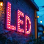 A photograph of a lighting contractor installing or showcasing a vibrant led lighting sign in a commercial or residential setting