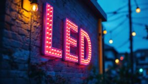 A photograph of a lighting contractor installing or showcasing a vibrant led lighting sign in a commercial or residential setting