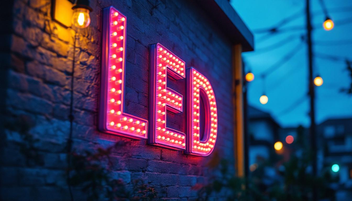 A photograph of a lighting contractor installing or showcasing a vibrant led lighting sign in a commercial or residential setting